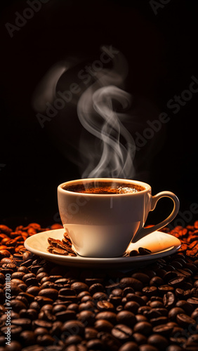 White ceramic cup of coffee on a saucer with coffee beans and floating flowing steam on a dark background, delicious drink