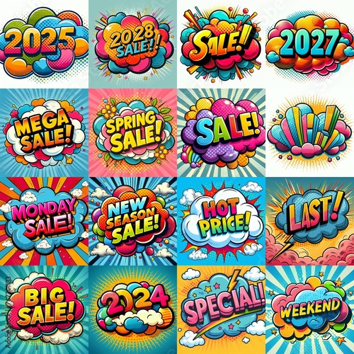 Sale stickers pop art style. AI generated illustration