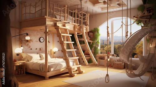 Kids' fort-inspired bedroom with indoor treehouse loft swing rope bridge access and climbing wall. photo