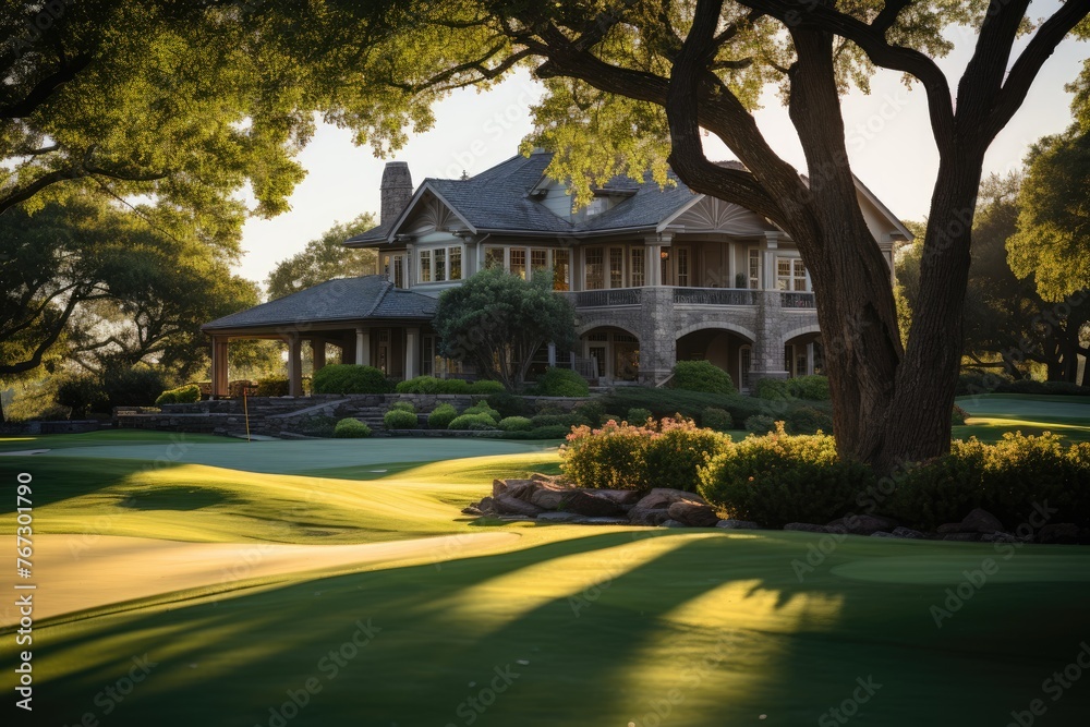 Colonial architecture in golf field at dusk., generative IA Colonial architecture in golf field at dusk., generative IA