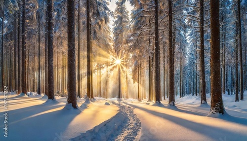 Forest in winter, tall trees and sunlight © Євдокія Мальшакова