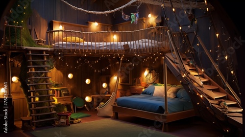 Kids' ultimate dream treehouse bedroom with indoor fort climbing net secret hiding nooks and twinkling lights.