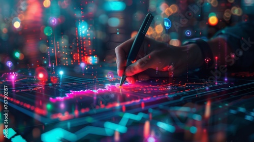 Financial planner illustrates digital graphs with electronic pen photo