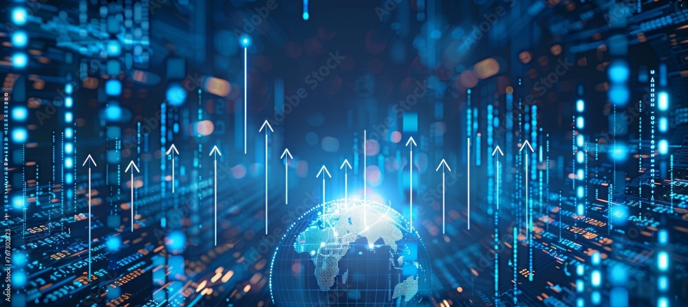 A stock market graph with arrows pointing upwards, representing an upward trend in the global economy and business growth Generative AI - obrazy, fototapety, plakaty 