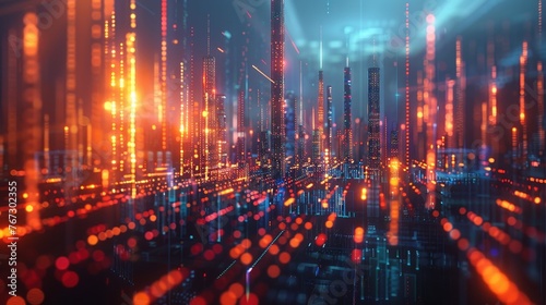 Glowing data points and bar graphs form a cityscape