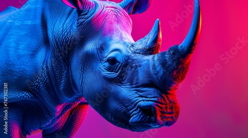 Close up majestic rhinoceros, set against a vibrant neon background