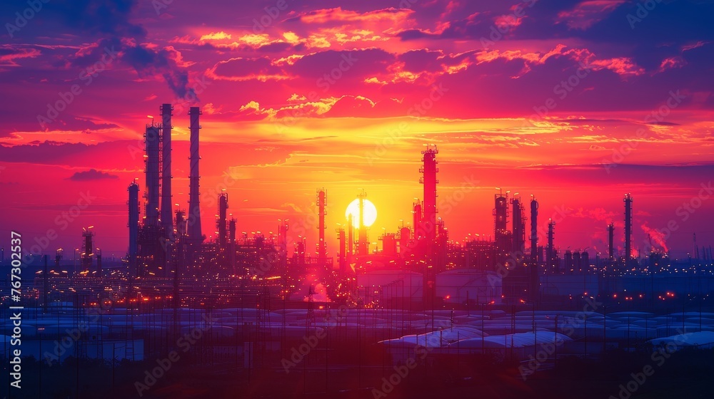 Industry: An oil refinery at sunset