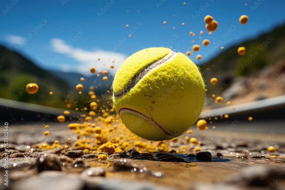 Tennis ball flying after strong forehand., generative IA