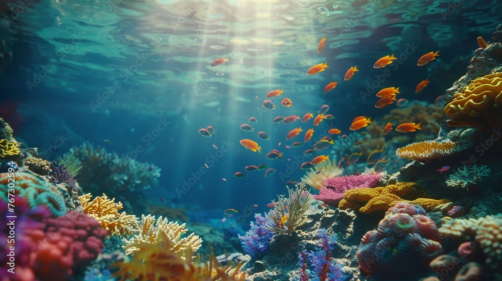 A vibrant coral reef teeming with life beneath the crystalclear ocean waves, colorful fish darting between the corals, a hidden world of wonder and mystery just below the surface, HD, 4K