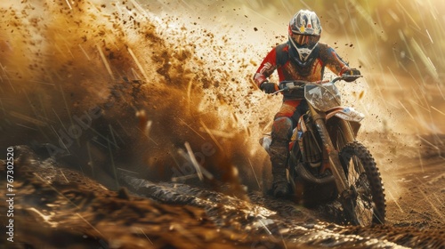 Motocross racing, where the rider races along a muddy track, kicking up splashes of dirt behind him © AlfaSmart