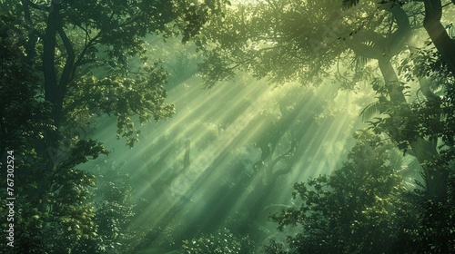 A dense  misty forest at dawn  the first rays of sunlight piercing through the fog and the canopy above  illuminating the forest floor and revealing the rich  moist earth and the lush greenery