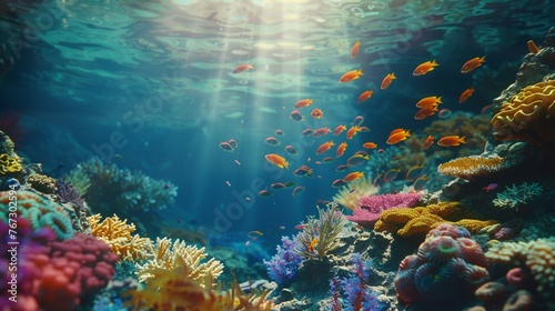 A vibrant coral reef teeming with life beneath the crystalclear ocean waves, colorful fish darting between the corals, a hidden world of wonder and mystery just below the surface, HD, 4K