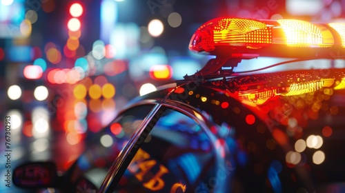 Close-up of a police car's flashing lights illuminating the city streets during a check photo