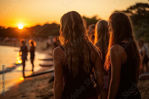 Surf instructor guides beginners on beach at sunset., generative IA