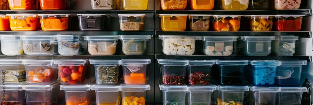 Stocked kitchen, neatly stacked plastic food containers