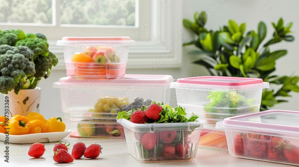 Plastic food containers of different shapes and sizes, suitable for storing a wide variety of foods Plastic food containers of different shapes and sizes, suitable for storing a wide variety of foods