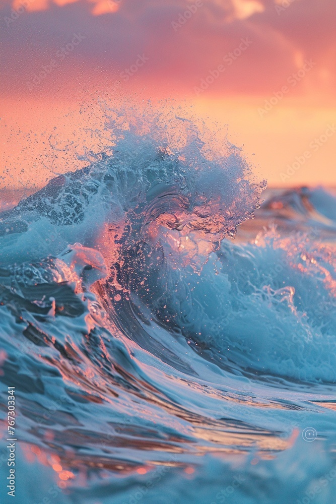 Ocean wave photography at dawn high-resolution with the crispness of the spray - obrazy, fototapety, plakaty 