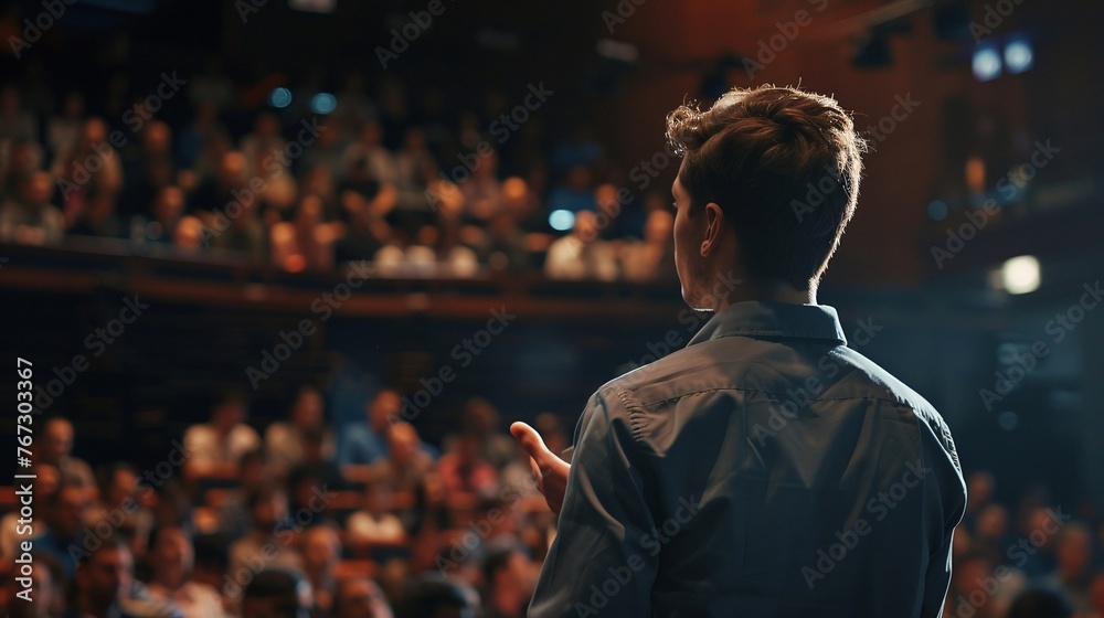 young specialist asking a question during a Q&A session at an international tech conference with a crowded dark auditorium and a speaker addressing a global business summit young specialist asking a question during a Q&A session at an international tech conference with a crowded dark auditorium and a speaker addressing a global business summit