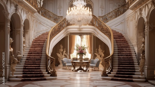 Lavish French chateau with grand staircases and crystal chandeliers. photo