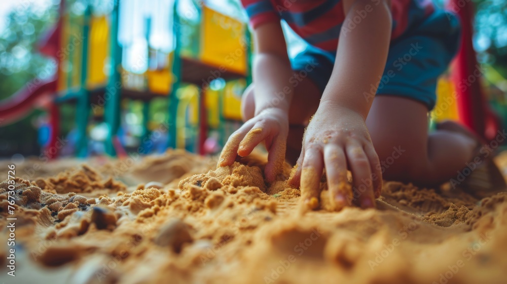 Close-up shot of childrens hands playing with sand on a playground