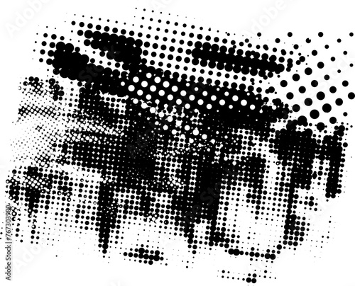 Glitch distorted noise destroyed horizontal cut out shapes . Trendy defect halftone stamp. Vector black shape overlay.