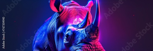 Rhinoceros with a close-up shot bathed in colorful neon lights