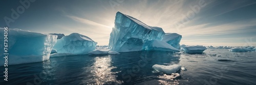 Ice chunks breaking off from icebergs in warmer waters