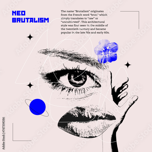 Neo brutalism banner design with wireframe shapes and photocopy collage elements. Woman eyes, lips, hand and flower. Contemporary grunge vector illustration.