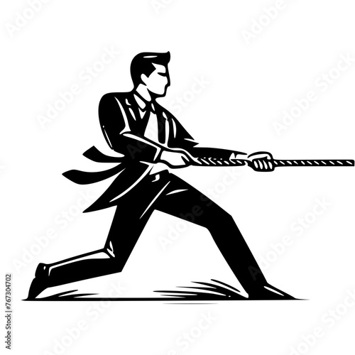 A minimalist black line art illustration of a man in business attire engaged in a tug of war, embodying the essence of competition, effort, and persistence in the business world.
