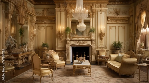 Lavish Gilded Age manor parlor room with elaborate plaster crown molding silk damask wall coverings and grand fireplace. © Aeman
