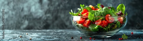 Fresh green salad in a glass bowl with sunlight. Healthy lifestyle and nutrition concept for cookbooks and food blogs