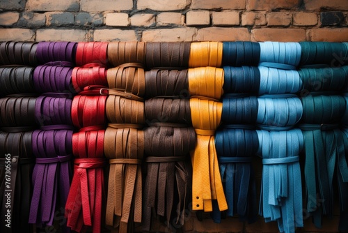 Colorful karate belts on wall., generative IA photo