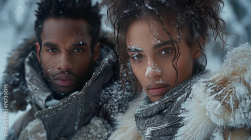 A male and female model in luxurious, fur-lined winter apparel, showcasing opulence and warmth on a runway designed to evoke a snowy, winter scene. The image should focus on the rich textures photo