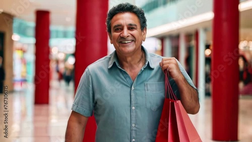 Portrait of positive greek man with red craft shopping bags in shopping center. Senior makes good purchases during sales season. photo