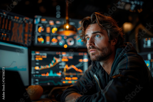 A young businessman is immersed in contemplation against a backdrop of glowing screens of financial data in a high-tech trading environment.
