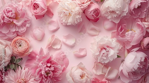 Fototapeta Naklejka Na Ścianę i Meble -  soft peonies and roses on a pink background creating a delicate and romantic floral frame for wedding invitation and mother day celebration