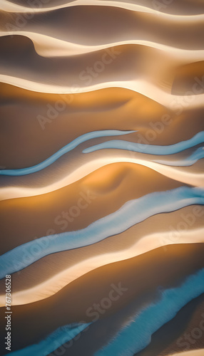 Abstract sand dunes with wavy patterns and shadows at sunset, suitable for backgrounds or textures.