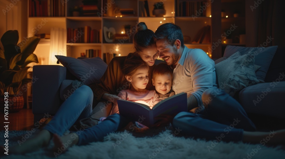 A cozy family moment unfolds as parents and their child enjoy reading books together under the warm glow of a lamp. AIG41