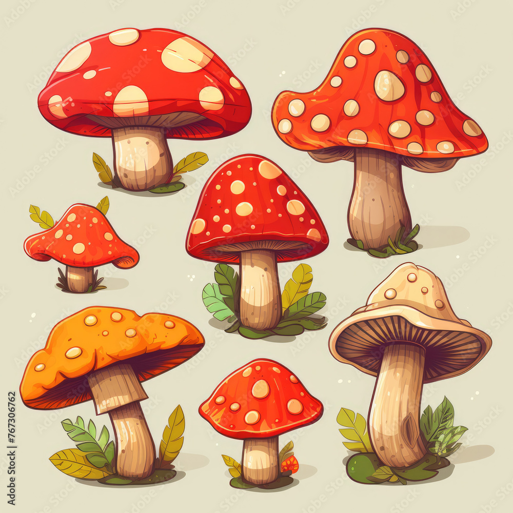 Set of flat style vector illustration, red mushrooms, isolated on transparent background Set of flat style vector illustration, red mushrooms, isolated on transparent background