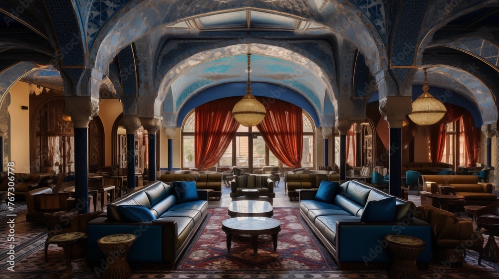 Lavish Moroccan palace lounge with carved wood ceilings jewel-toned tilework keyhole archways tiled fountains and plush daybeds.