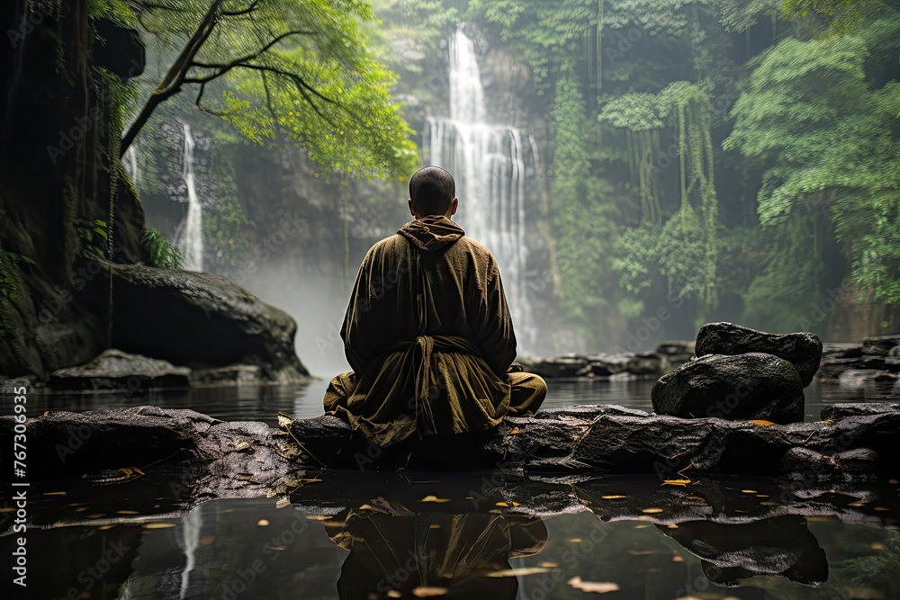 Kung Fu practitioner meditates under waterfall., generative IA Kung Fu practitioner meditates under waterfall., generative IA