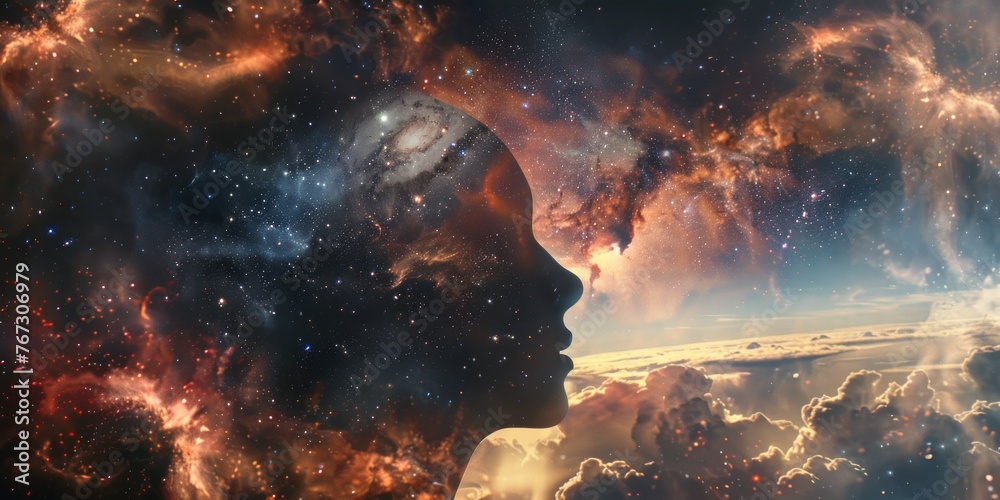 Cosmic Consciousness  Silhouette Against a Nebula - obrazy, fototapety, plakaty 