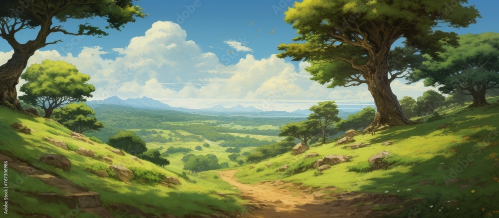 Fototapeta premium A serene natural landscape painting featuring a winding path cutting through a verdant forest with towering trees, green grass, and a clear blue sky with fluffy white clouds