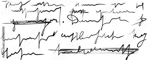 Crossed out, Sweeping,  unreadable handwriting Fragment of letter crossed out and underlined illegible doodle isolated on white background