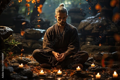 Kung Fu Master Meditates in Sereno Garden., generative IA