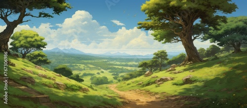 A serene natural landscape painting featuring a winding path cutting through a verdant forest with towering trees, green grass, and a clear blue sky with fluffy white clouds