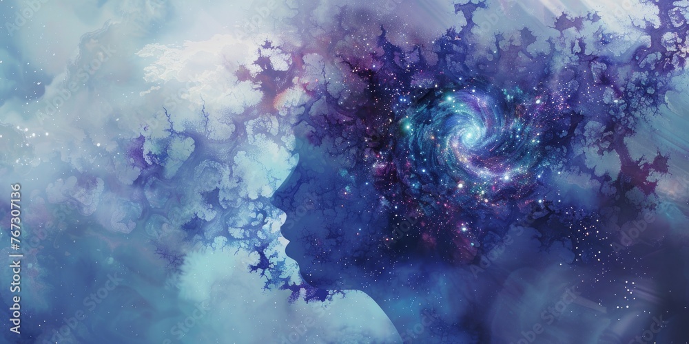 Ethereal figure with galaxy crown, merging human essence with infinite cosmos Ethereal figure with galaxy crown, merging human essence with infinite cosmos
