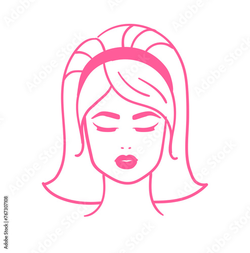 Vector vintage line art hand drawn illustration of woman with a pink headband and closed eyes