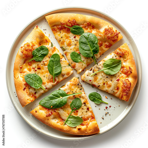 Simple vegetarian cheese pizza, freshly baked, garnished with green basil leaves. Delicious pizza cut into slices, on a white ceramic plate, on white background. Top view, from above. © Studio Light & Shade