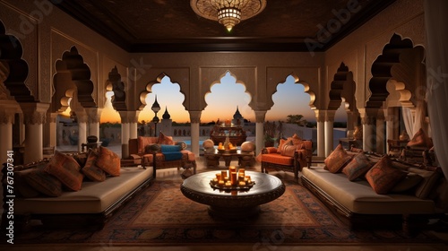 Lavish Moroccan-style sitting room with intricately carved wood ceilings tilework fountains and plush low lounges.